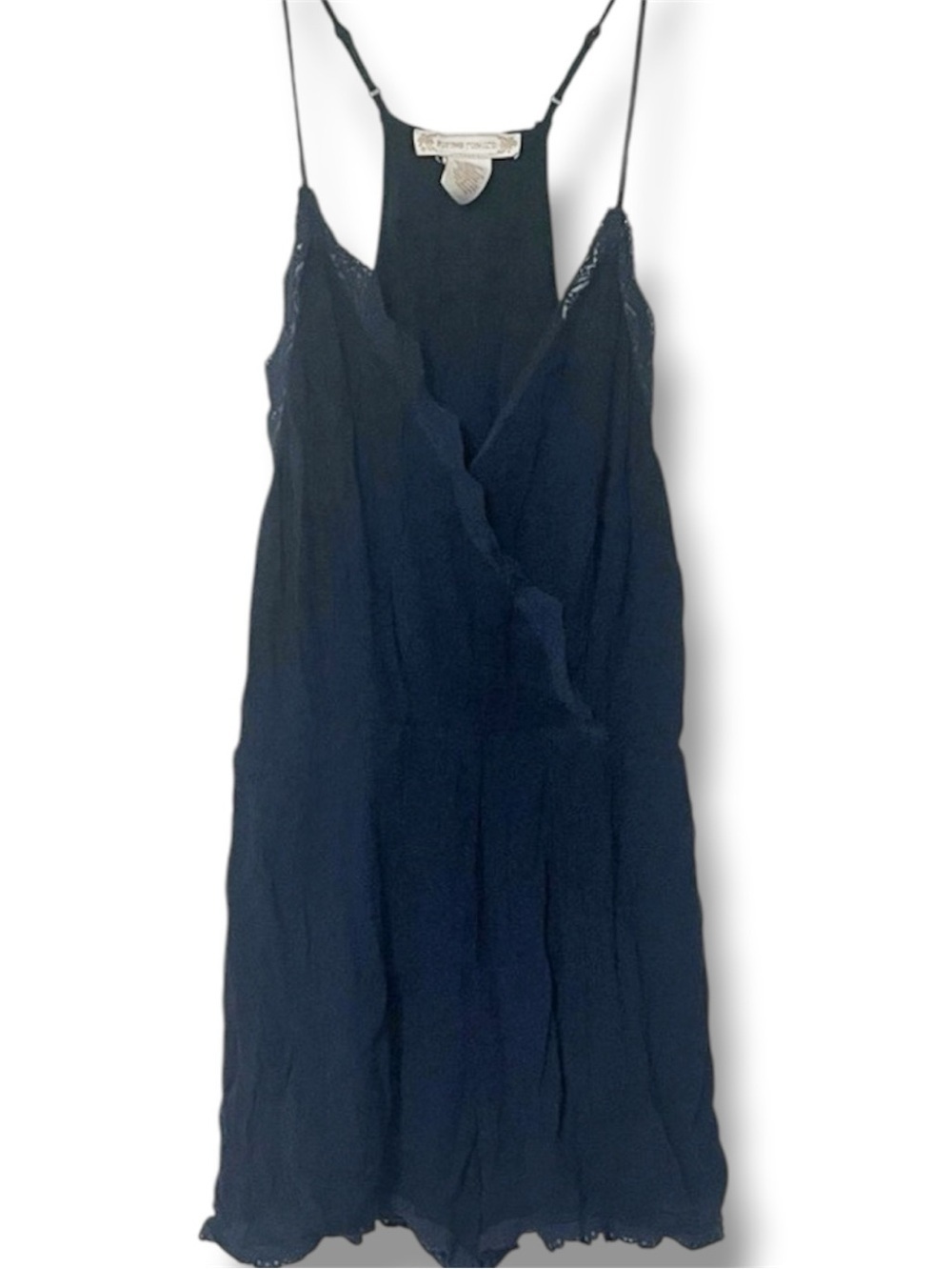 Flying Tomato deep navy delicate lace trim spaghetti straps faux wrap romper